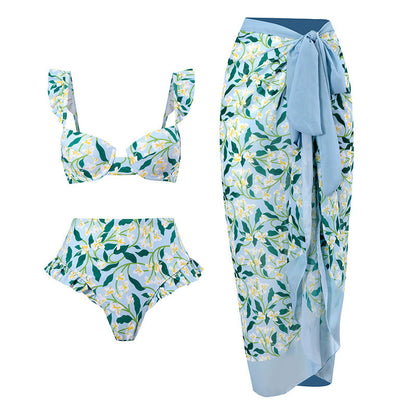 Bikini Set – Sexy Gathered Design, High Waist Split Swimsuit + Chiffon Long Skirt, European & American Style