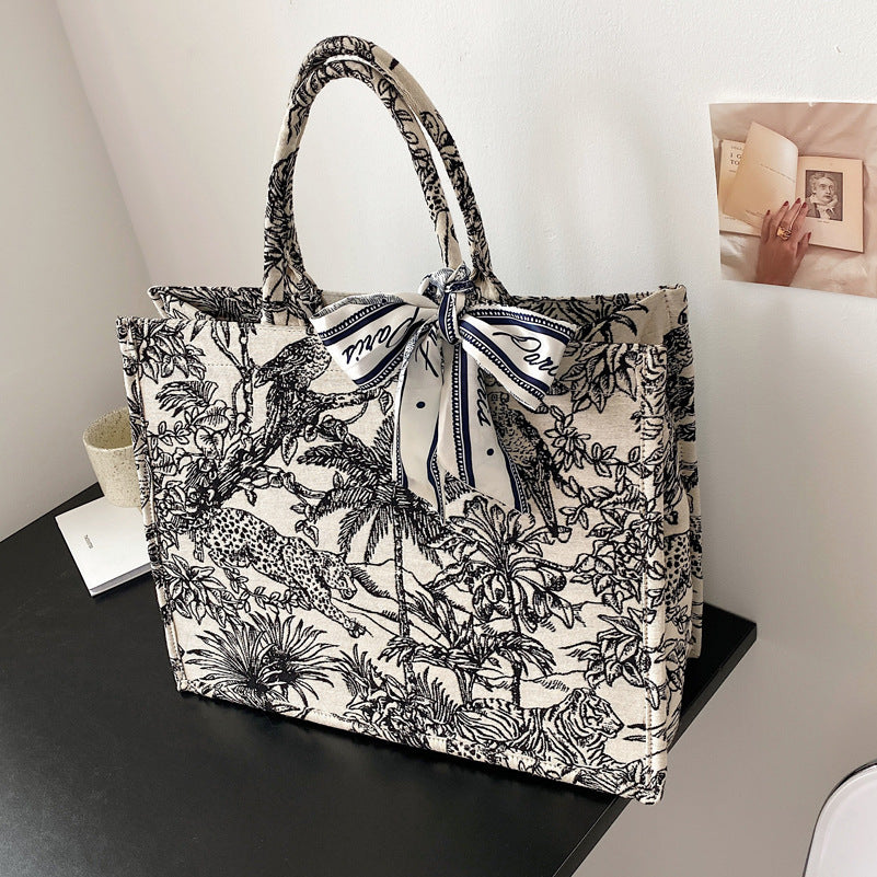 Japanese tote bag women's new niche embroidery cotton linen handbag large capacity commuting canvas shoulder bag