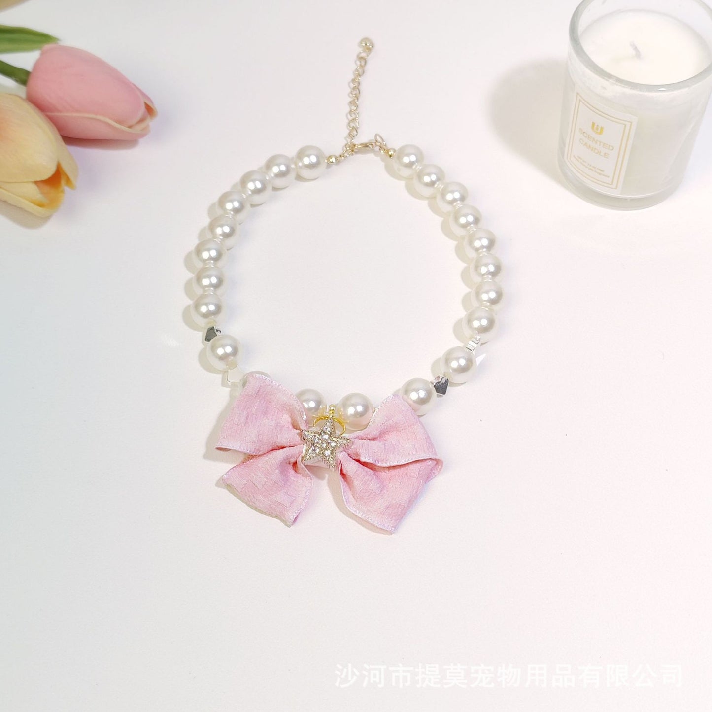 Pet cat devon kitten dog pearl necklace collar small fragrance breeze gemstone bow puppet accessories cross-border
