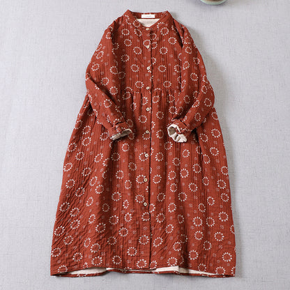 Japanese Mori Girl Art Floral Cotton Yarn Cotton Dress Loose Double Layer Cotton Long Sleeve Stand Collar Cardigan A-Line Skirt