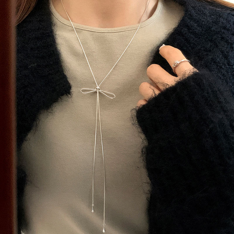 Simple bow pull-out long necklace women's korean niche ins personality fashion versatile necklace sweater chain