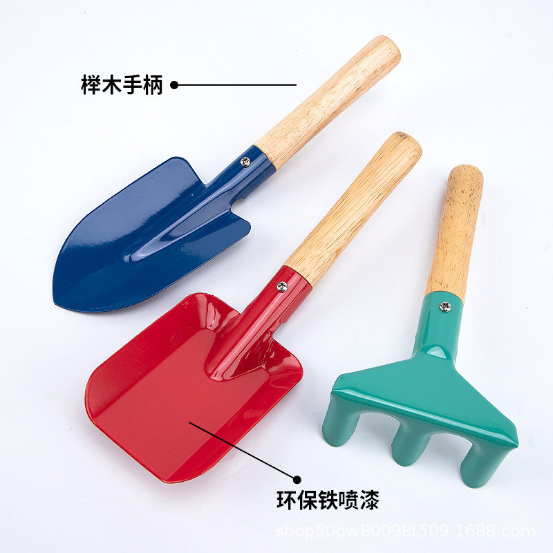 Household gardening tool set: wooden handle garden small shovel beach to catch the sea digging sand flower shovel garden vegetable planting loose soil rake