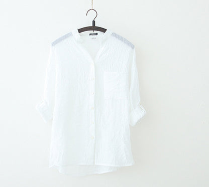 summer new sun protection clothing Japanese style small fresh loose cotton and linen three-quarter sleeves stand-up collar cotton and linen shirt women