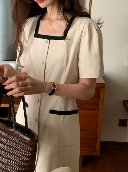 Black and white small fragrance retro square collar design slim waist cotton short dress