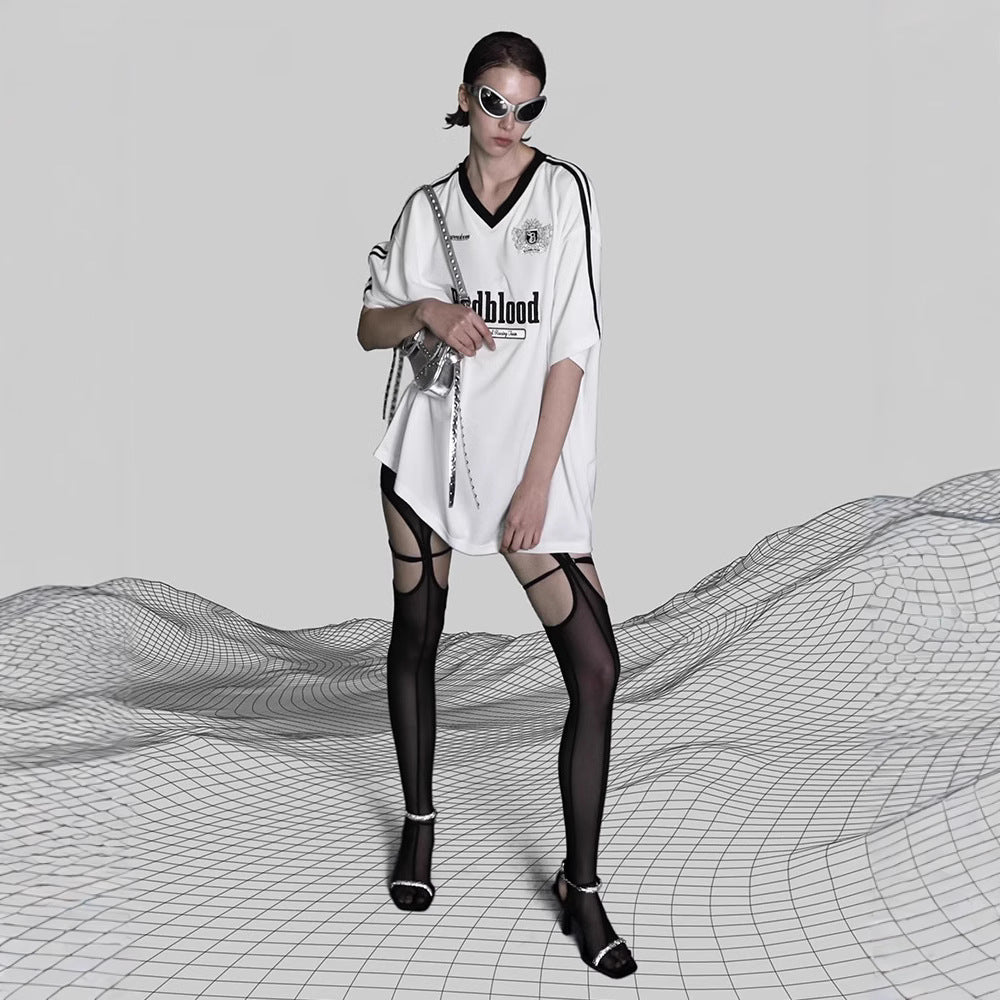 badbloood loose T-shirt women's V-neck short sleeve jersey varsity American embroidered top summer stock