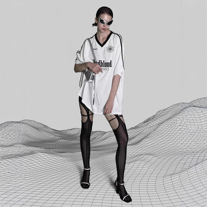 badbloood loose T-shirt women's V-neck short sleeve jersey varsity American embroidered top summer stock