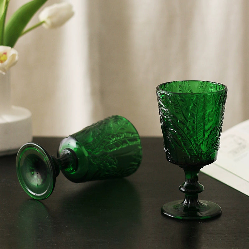 French embossed goblet green feather vine pattern champagne glass red wine foreign wine glass ins style retro green glass