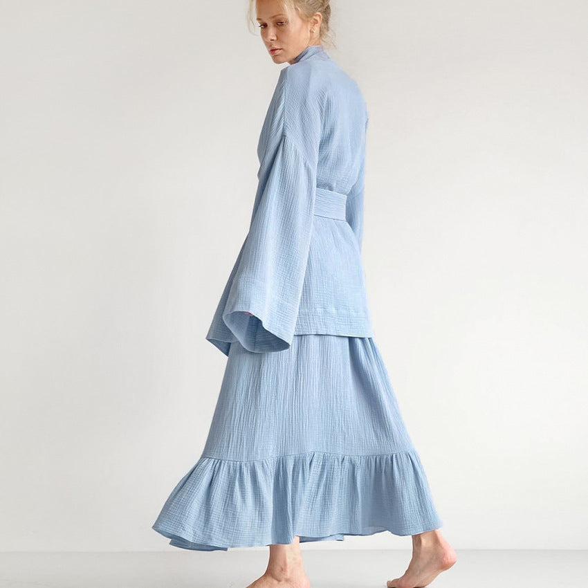summer French style pajamas fashion nightgown two-piece set double-layer gauze suspenders nightdress ruffled ladies home clothes
