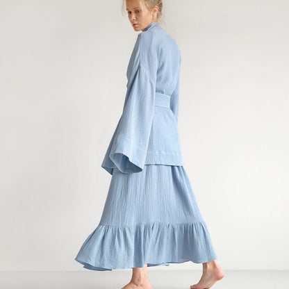 summer French style pajamas fashion nightgown two-piece set double-layer gauze suspenders nightdress ruffled ladies home clothes