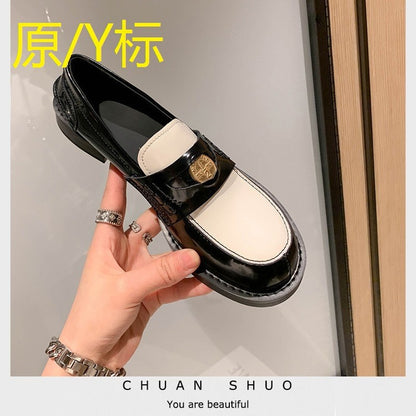 new all-match flat bottom British style leather thick bottom P home shoes small fragrance style loafers women's shoes small leather shoes women