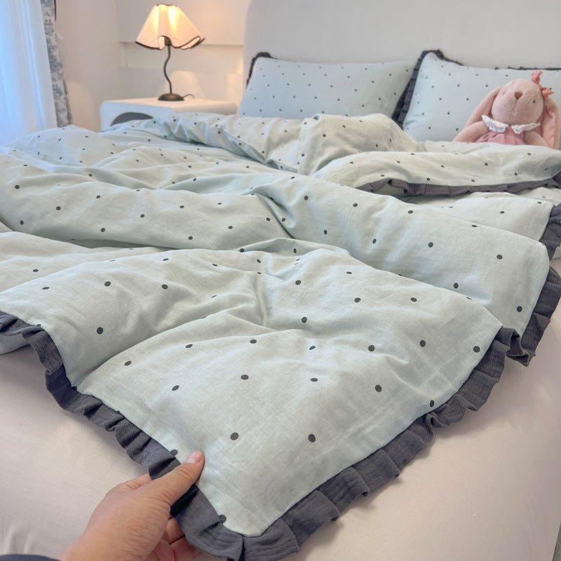 Class A French bedding four-piece set of cotton cotton double-layer gauze duvet cover bed sheets summer bed hat dormitory three-piece set 4