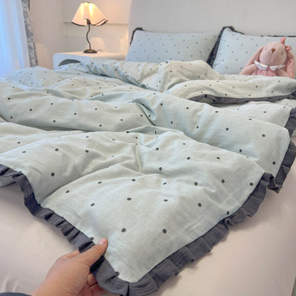 Class A French bedding four-piece set of cotton cotton double-layer gauze duvet cover bed sheets summer bed hat dormitory three-piece set 4