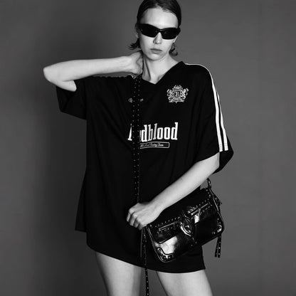 badbloood loose T-shirt women's V-neck short sleeve jersey varsity American embroidered top summer stock