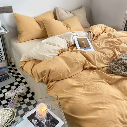 Simple pure color washed cotton bed four-piece spring and autumn Japanese-style bedding bed linen quilt cover single dormitory three-piece set