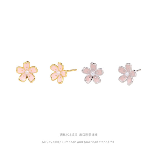 S925 sterling silver foreign trade jewelry creative personality Japanese cherry blossom earrings small fresh and cute pink flower earrings