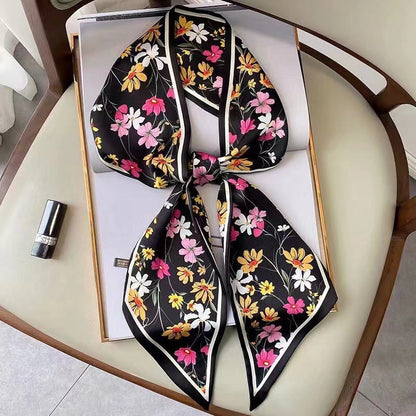 Long silk scarf, women's high-end small square scarf, spring and autumn black neck brace neck with shirt streamer and silk tie