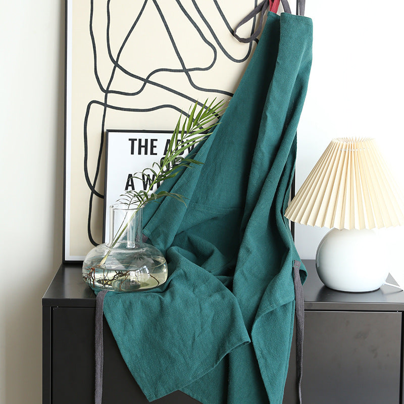 Japanese new style cotton and linen large size loose home kitchen sleeveless solid color housework high-end