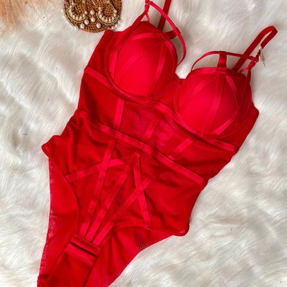 Explosive style sexy micro-shaping slim one-piece underwear mesh see-through small chest push-up one-piece bra