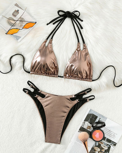 Cross-Border Sexy Bikini – Solid Color Triangle Cup, Halter Neck, Split Swimsuit for Women