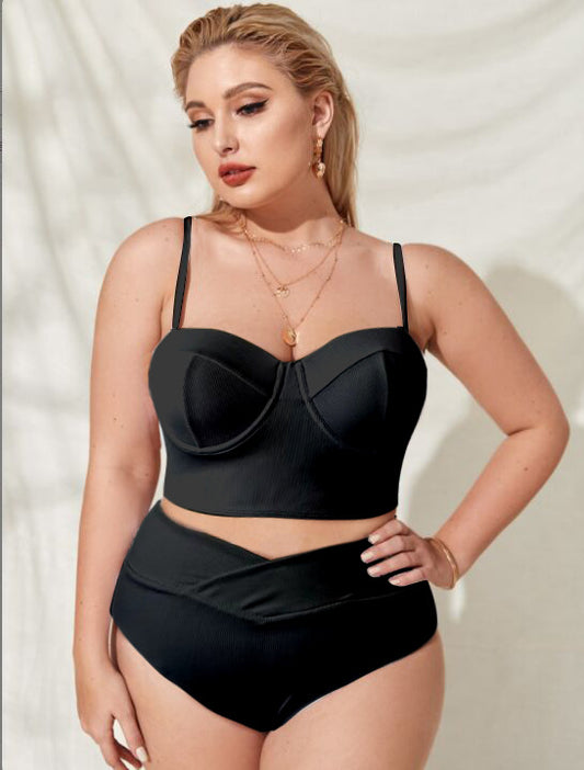 Plus Size High Waist Bikini for Women – Sexy Solid Color Two-Piece Swimwear | European & American Style