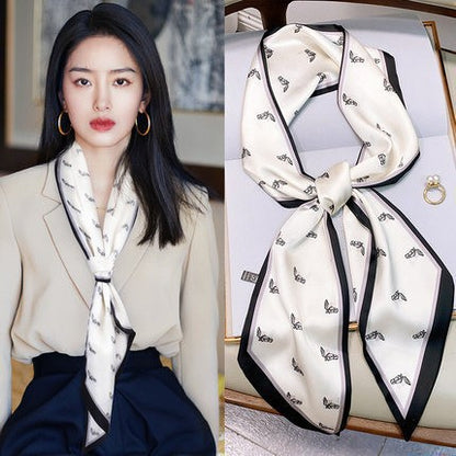 Long silk scarf, women's high-end small square scarf, spring and autumn black neck brace neck with shirt streamer and silk tie