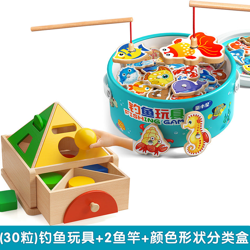 Kids Fishing Toys Magnetic Wooden Fish 1 to 3 Year Old Baby Educational Early Education Cognition Marine Fish First Year Gift