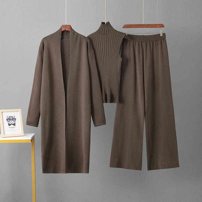 European and American foreign style solid color casual suit women's shawl jacket + V-neck base knit sweater + wide-leg trousers three-piece set