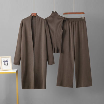 European and American foreign style solid color casual suit women's shawl jacket + V-neck base knit sweater + wide-leg trousers three-piece set
