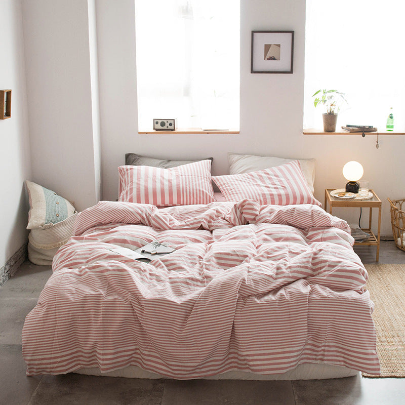 Japanese-style all-cotton non-printed washed cotton four-piece wholesale stripe-dyed good product four-piece dormitory bedding