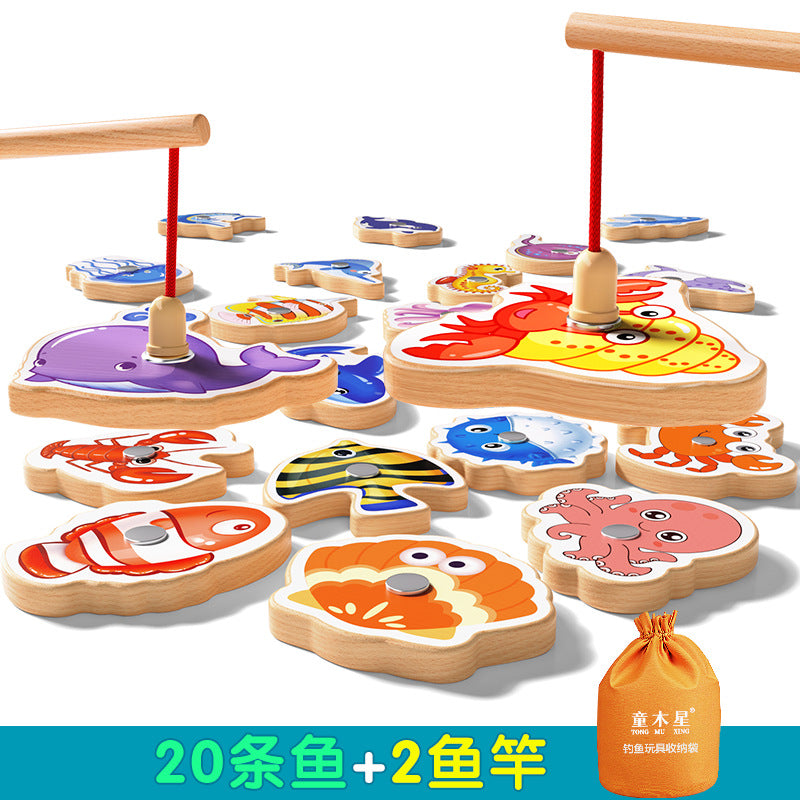 Kids Fishing Toys Magnetic Wooden Fish 1 to 3 Year Old Baby Educational Early Education Cognition Marine Fish First Year Gift