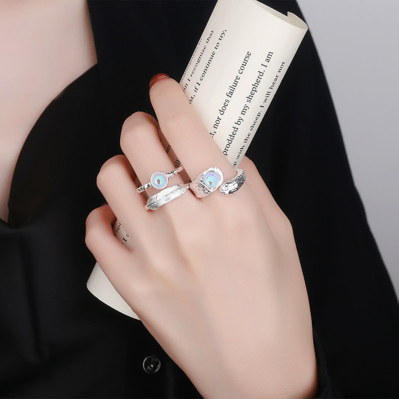 Double-layer opening feather irregular moonstone French ins cold wind minority original design female index finger ring
