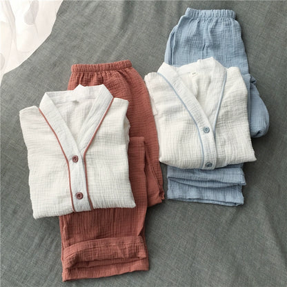 Simple Japanese plain cotton washed cotton double-layer gauze V-neck home clothes pajamas set long-sleeved trousers