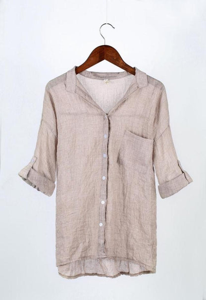 summer new sun protection clothing Japanese style small fresh loose cotton and linen three-quarter sleeve stand collar shirt female linen shirt