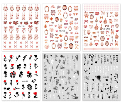 New nail art stickers Rococo sweet pet bunny nail stickers national style ink blood color rose decorative stickers
