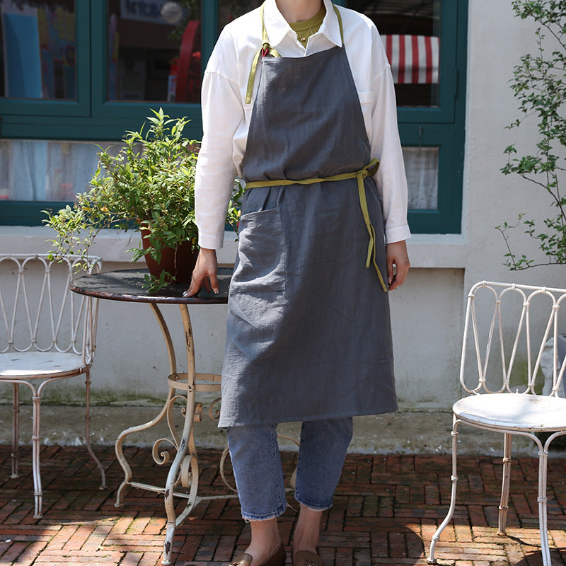 Japanese new style cotton and linen large size loose home kitchen sleeveless solid color housework high-end