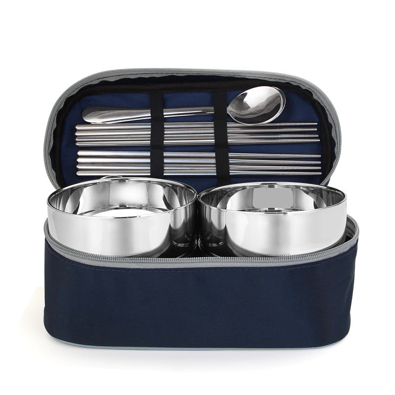 Qifeng Creative Travel Portable Stainless Steel Tableware Spoon Set Retro Tableware Family Tableware Japanese Rice Bowl Bag
