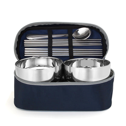 Qifeng Creative Travel Portable Stainless Steel Tableware Spoon Set Retro Tableware Family Tableware Japanese Rice Bowl Bag