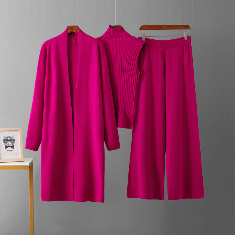 European and American foreign style solid color casual suit women's shawl jacket + V-neck base knit sweater + wide-leg trousers three-piece set