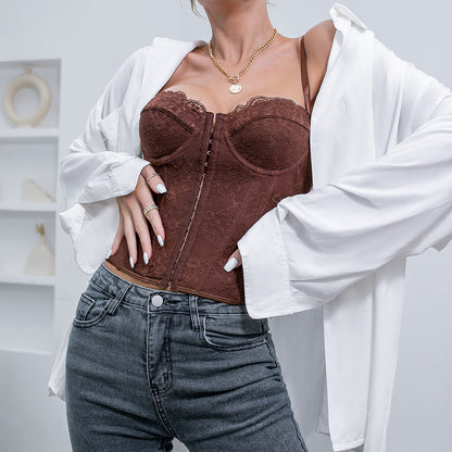 Cross-border women's clothing European and American style sexy solid color lace strap fish bone steel ring wrapped chest breastless backless vest 9009