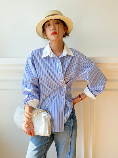 Spring new women's shirt women's long-sleeved blue and white striped French design color matching shirt women's commuting top