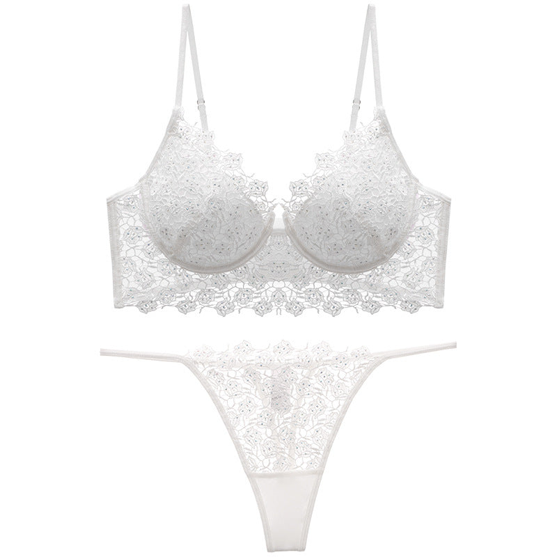 Summer Breathable French Sexy Underwear Soft Steel Ring Gather Body Shaping Thin Section Rhinestone Rose Embroidery Bra Set