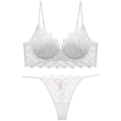Summer Breathable French Sexy Underwear Soft Steel Ring Gather Body Shaping Thin Section Rhinestone Rose Embroidery Bra Set