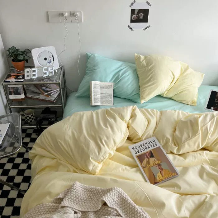 Ins double fight washed cotton four-piece solid color bed sheet quilt cover student dormitory three-piece bedding single double bed sheet 4