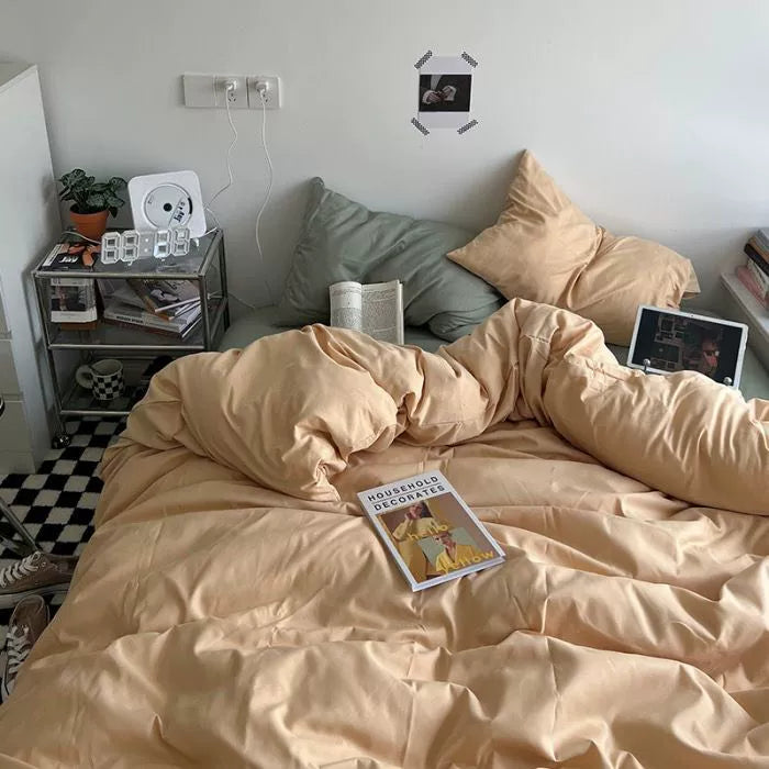 Ins double fight washed cotton four-piece solid color bed sheet quilt cover student dormitory three-piece bedding single double bed sheet 4