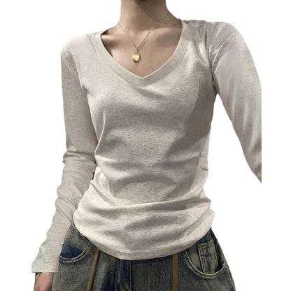 40 cotton shoulder long-sleeved T-shirts, new crew neck slim foundations, ins solid color hot girl base slimming top