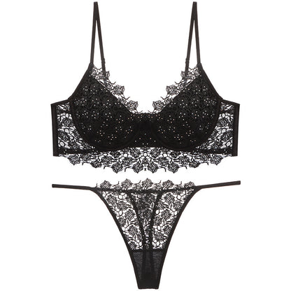 Summer Breathable French Sexy Underwear Soft Steel Ring Gather Body Shaping Thin Section Rhinestone Rose Embroidery Bra Set