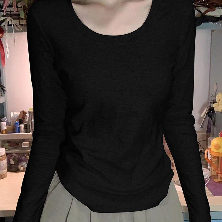 40 cotton shoulder long-sleeved T-shirts, new crew neck slim foundations, ins solid color hot girl base slimming top