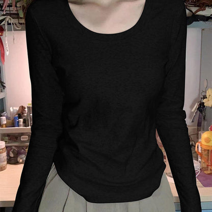 40 cotton shoulder long-sleeved T-shirts, new crew neck slim foundations, ins solid color hot girl base slimming top