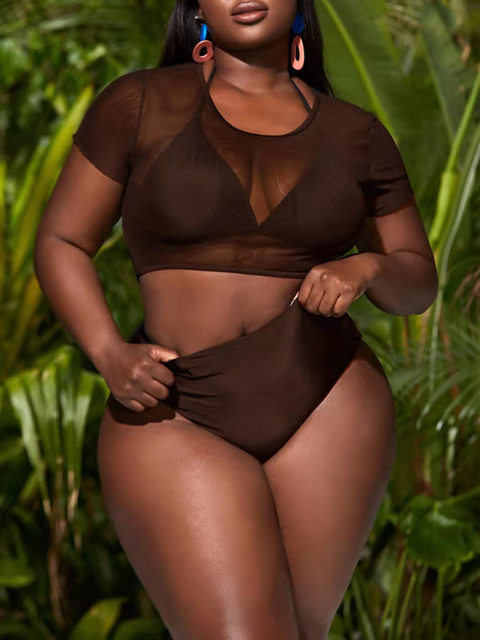 Plus Size Sexy Three-Piece High Waist Bikini Set – European & American Style Split Swimsuit for Women