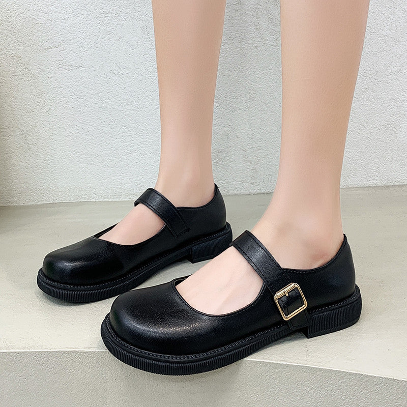 Black basic small leather shoes women's summer new Japanese students with skirts all-match round toe chunky heel patent leather single shoes trendy